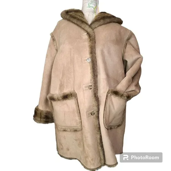 Vintage Dennis Basso Size 1X Tan Brown Reversible Faux Suede/Fur Penny Lane Coat